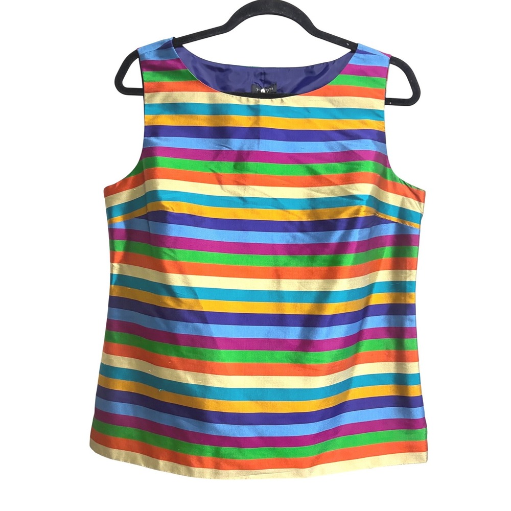 Talbots Pure Silk Rainbow Striped Shell Top Sleeveless Scoop Neck Side Zip 8